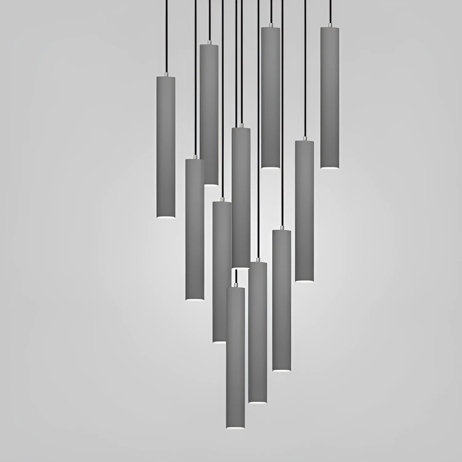Industrial concrete rod chandelier with marble light body and adjustable 2-metre drop.