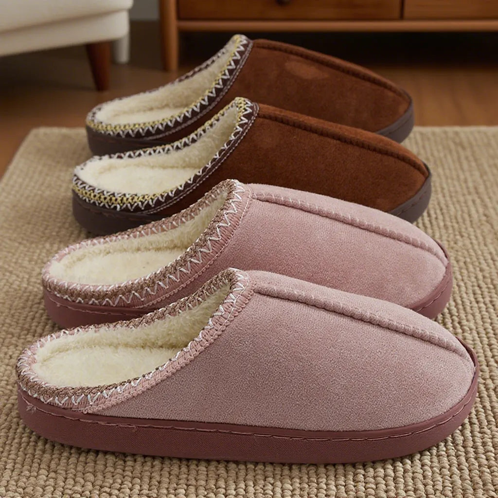 Pair of winter indoor slippers with thick 3cm PVC sole and warm artificial velboa lining, shown in black, coffee, gray and pink.