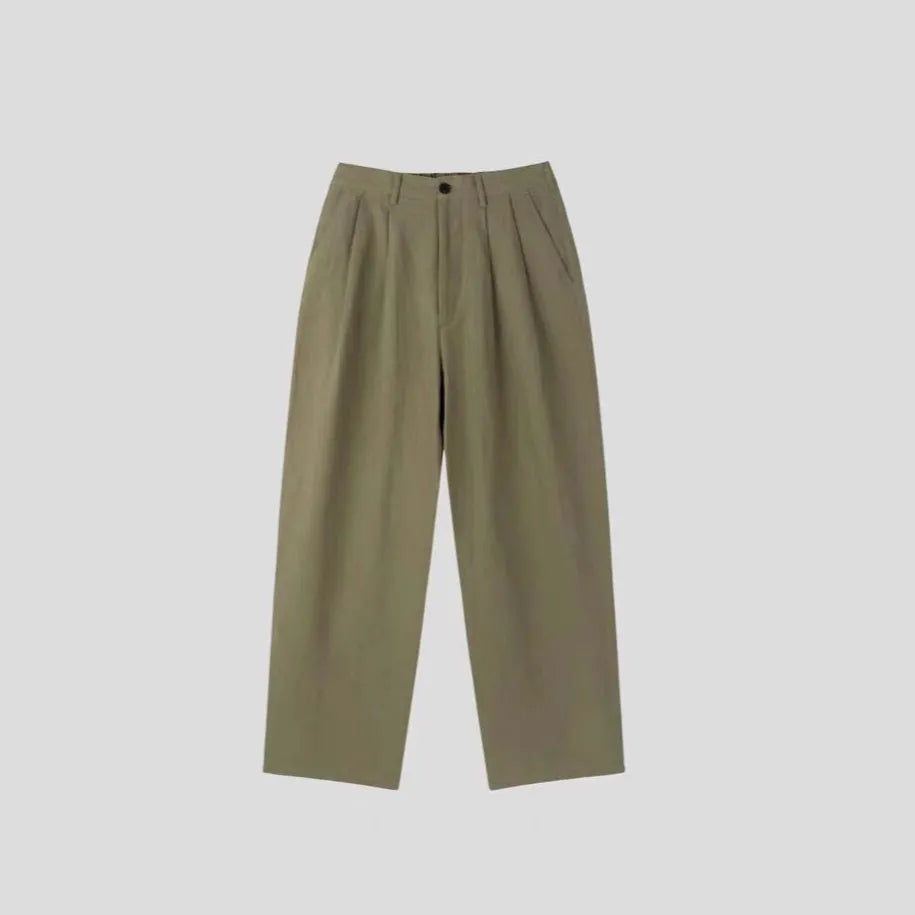 Men's light-weight cotton linen trousers in apricot with wide-leg design and micro-elastic waist