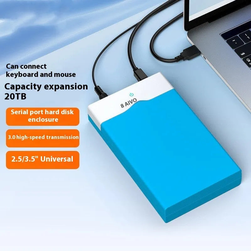 3.5-inch external hard drive enclosure in ABS plastic with USB 3.0 cable and power supply.