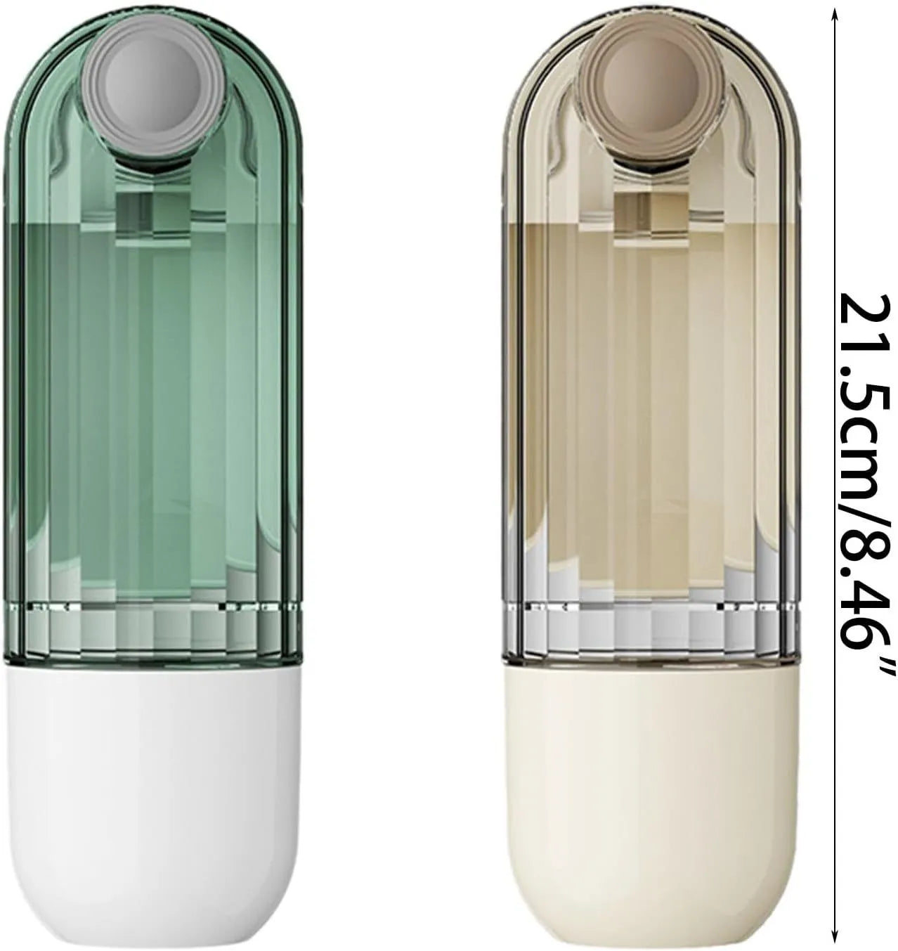 Beige foldable dog water bottle and food dispenser with press mechanism, shown next to a green version.