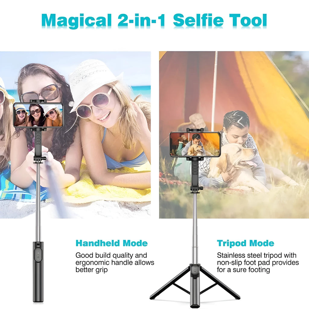 Black extendable selfie stick tripod with wireless remote and phone holder