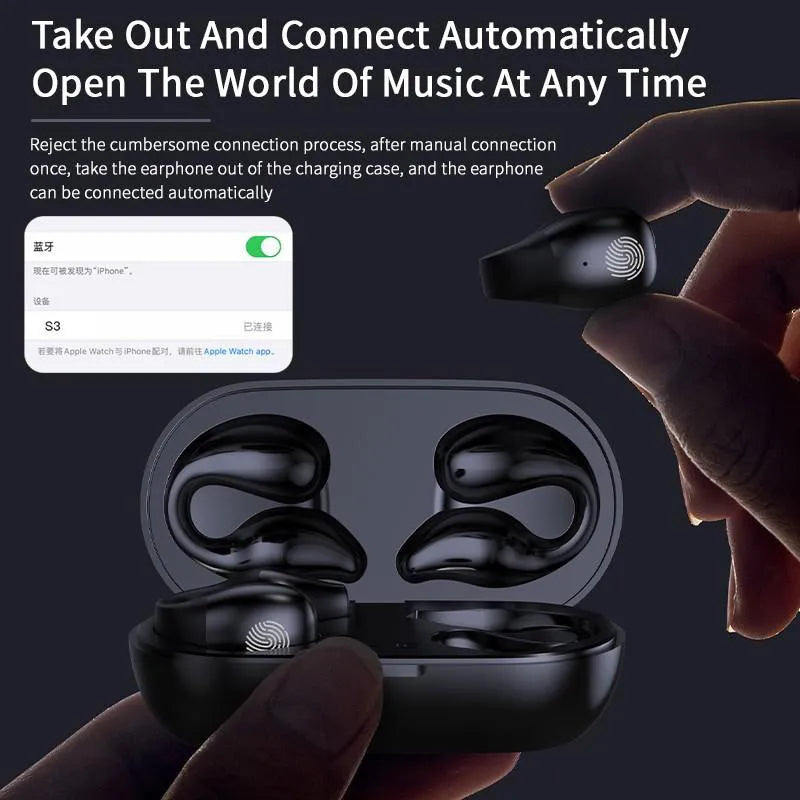 Ear clip bone conduction headphone Bluetooth 5.2 wireless earbuds white with 350mAh charging box