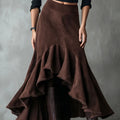 Western Brown polyester maxi skirt with high-low hemline and ruffle detailing