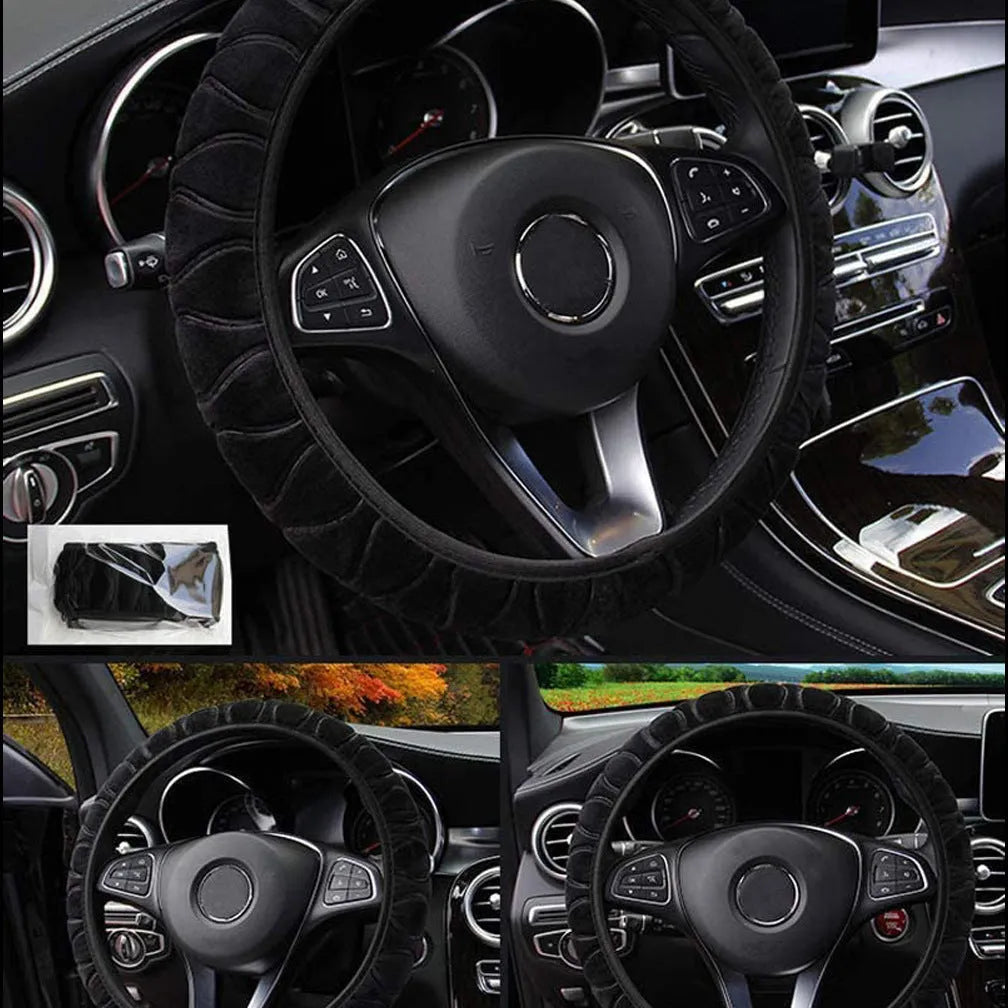 Short plush steering wheel cover in warm material with non-slip backing, 38cm size, colour option shown