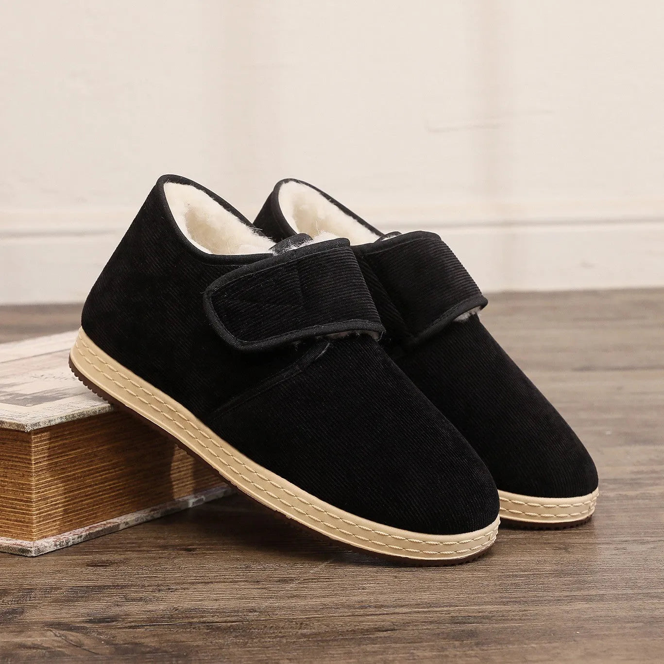 Soft soled velvet thick cotton winter shoes in black with buckle fastening, size 38 to 45