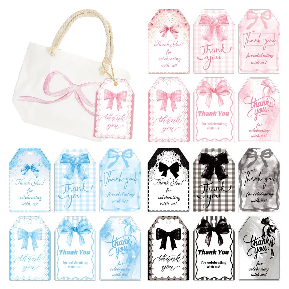 Three styles of bowknot-themed paper gift tags with natural hemp rope for birthday parties