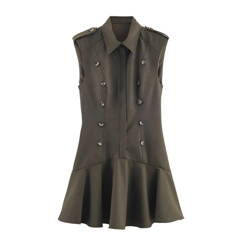 Women's short dress with padded shoulders, laminated decoration, stripes and plaid pattern, long sleeves, asymmetric skirt