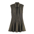 Women's short dress with padded shoulders, laminated decoration, stripes and plaid pattern, long sleeves, asymmetric skirt