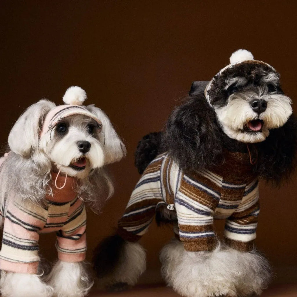Striped acrylic dog hat with fur ball detail in pink or coffee, shown in small medium or large size