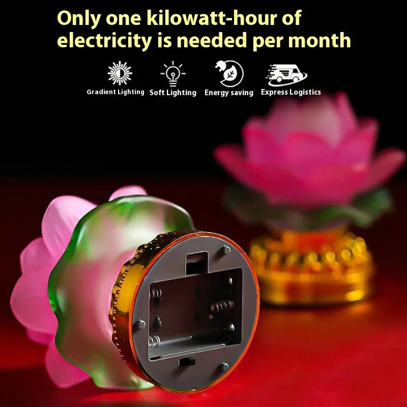 Yellow Chinese-style lotus table lamp made of ABS plastic, shown in bud and flowering styles.