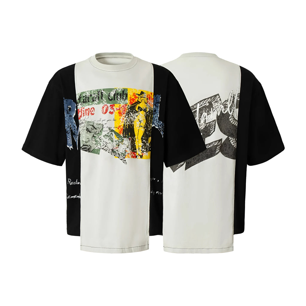 Black and white deconstruction print loose-fit cotton blend T-shirt on a hanger