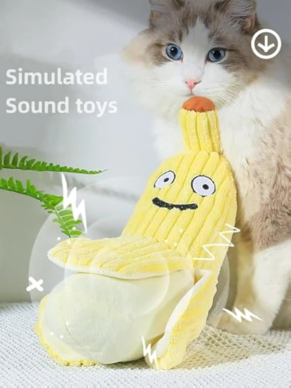 Yellow banana-shaped cat toy with crinkle sound element for interactive feline play