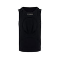 Man wearing a loose-fitting black sleeveless waistcoat with a round neck, made from a lightweight hollow thread fabric.