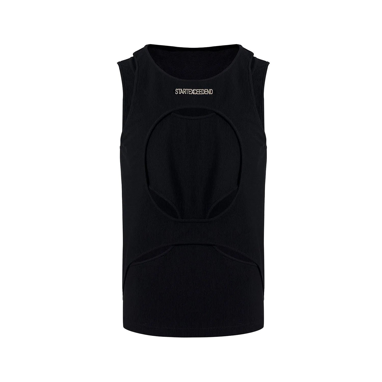 Man wearing a loose-fitting black sleeveless waistcoat with a round neck, made from a lightweight hollow thread fabric.
