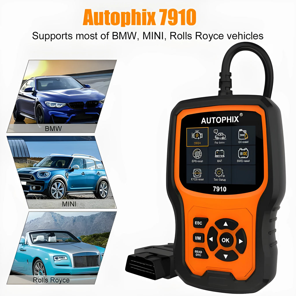 Autophix 7910 automotive diagnostic scanner tool for BMW vehicles with OBD2 connector.