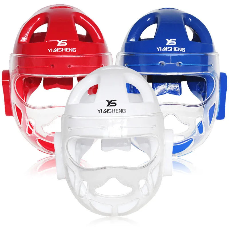 Karate protective helmet for boxing training in multiple colours including white, blue and red variants