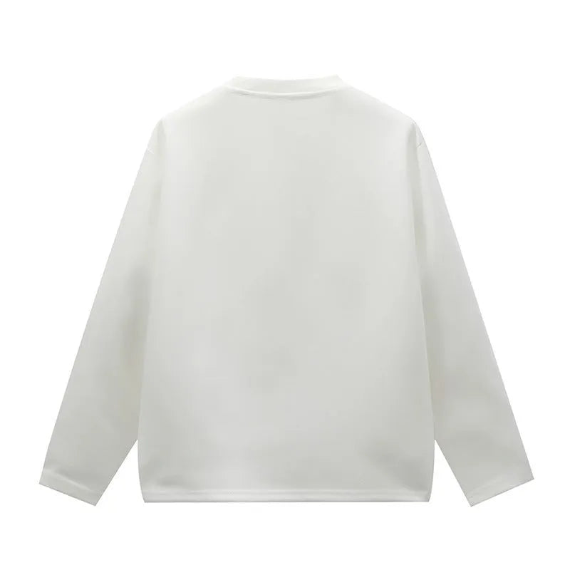 Loose fit long sleeve round neck pullover sweater in solid colour, available in white, black, and grey, sizes M to 5XL.