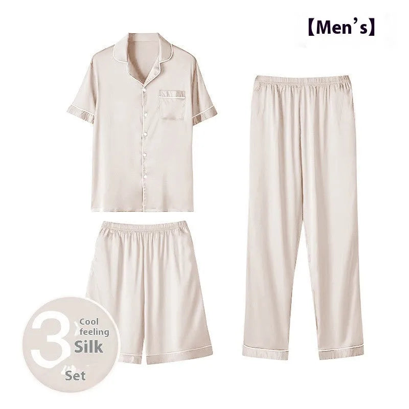 Men's ice silk three-piece home wear set in a thin fabric, showing top, shorts, and trousers for summer loungewear.