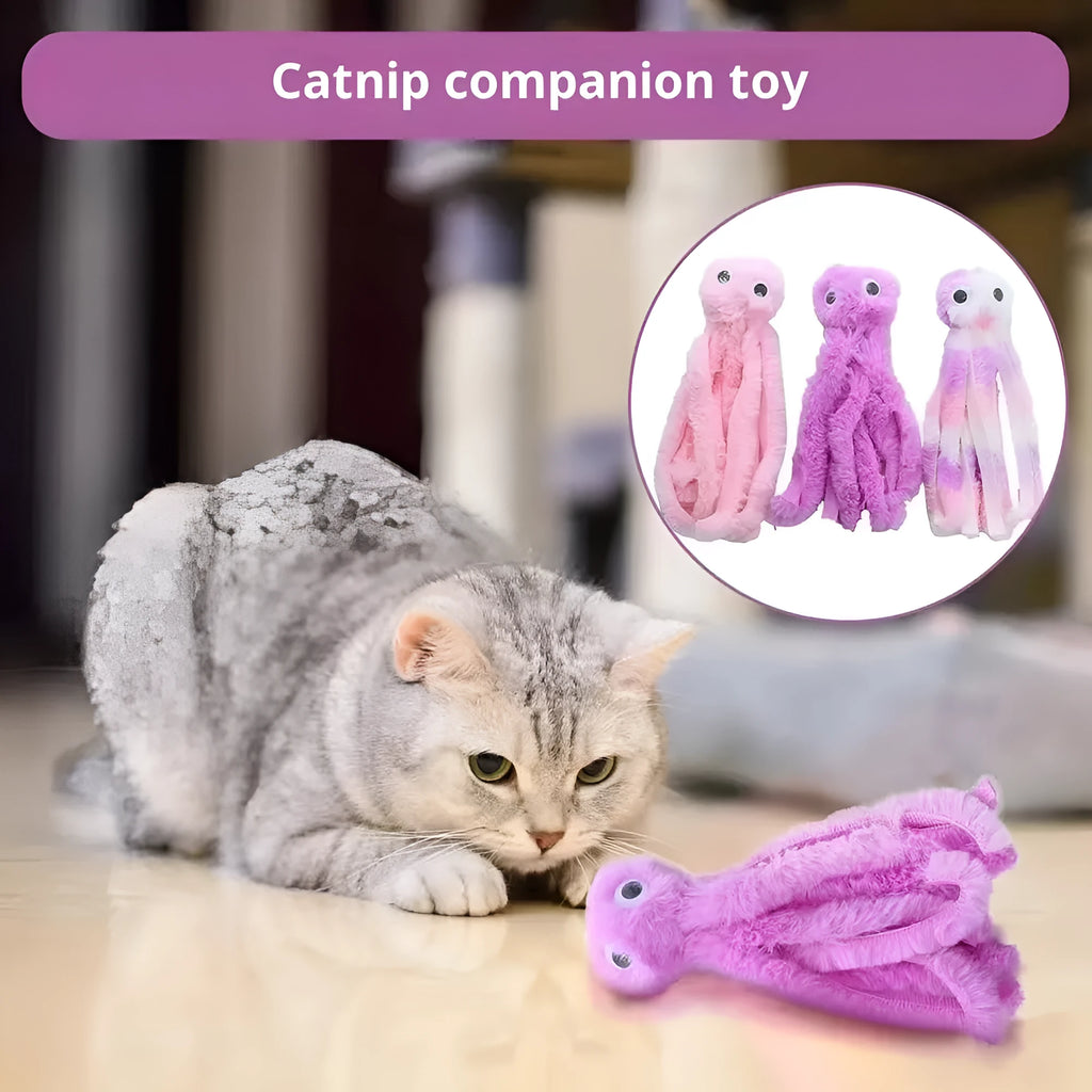 Cat octopus catnip plush toy in purple colour on white background