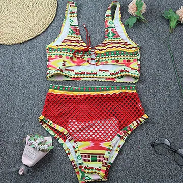 Women's cross-strap fishnet bikini set with high-waist briefs in multicolour checkered pattern
