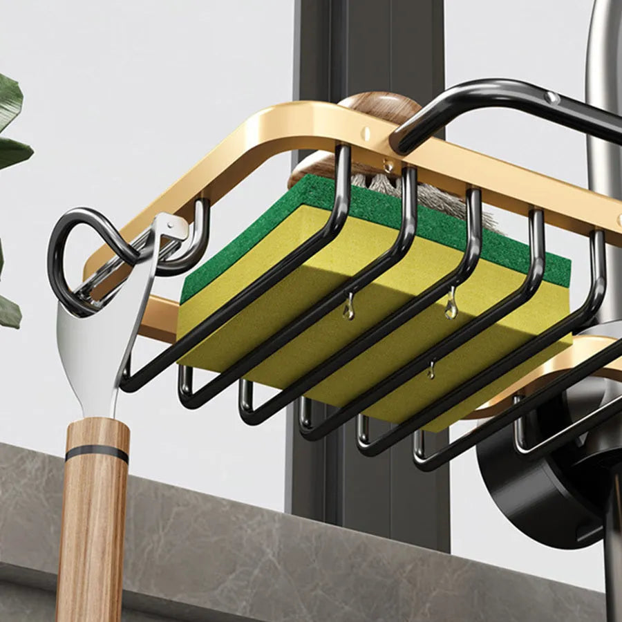 Silver aluminium kitchen faucet rack drain basket mounted on tap with double basket and towel bar