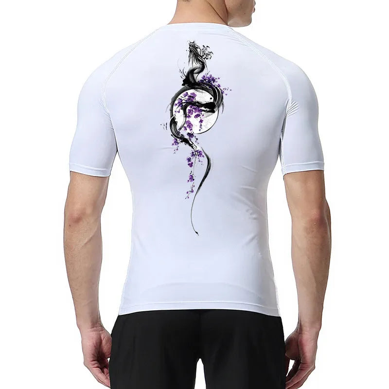 Men's short sleeve compression shirt with sword print design in multiple colour options