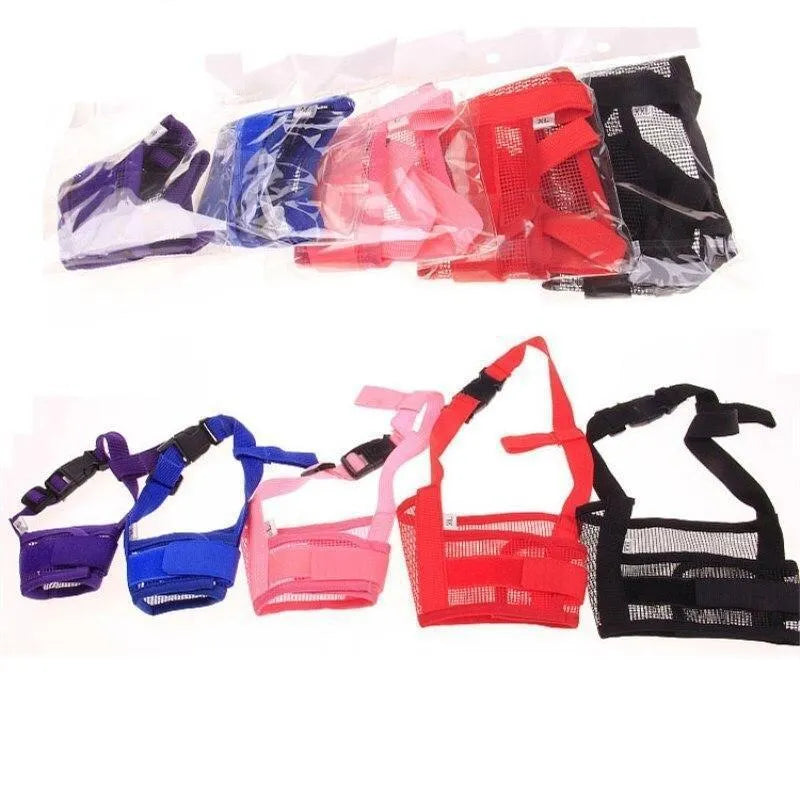 Adjustable plastic dog muzzle shown in multiple colours and sizes for medium and large breeds.