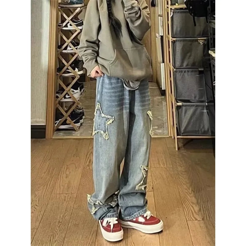 Women's blue high-waisted wide-leg denim trousers in straight-leg style