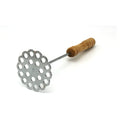 Manual potato masher with flower-shaped iron plated head and wooden handle on white background