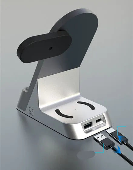 Creative H35 multifunctional wireless charging station with alarm clock in black, showing phone, watch, and earbud charging pads