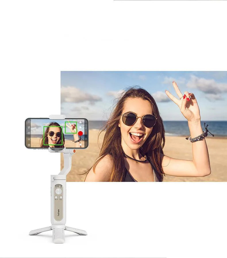 Black 3-axis smartphone stabilizer folded to 179mm size with USB port visible