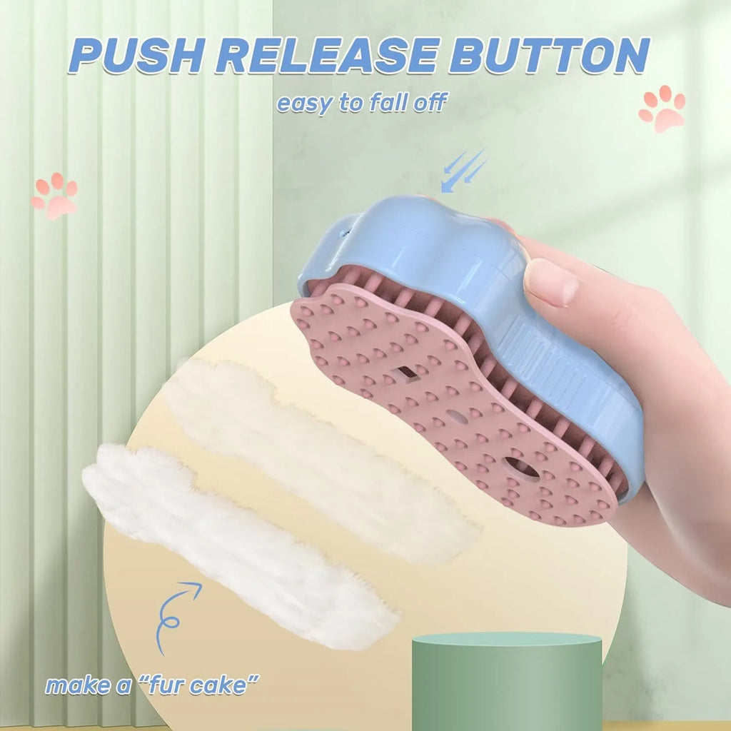 Blue self-cleaning cat steam brush with silicone bristles and release button for pet grooming