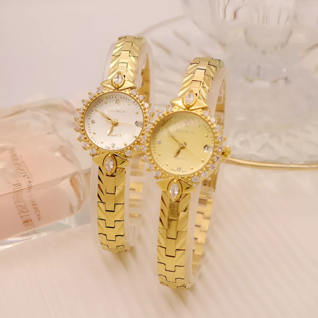 Women's quartz bracelet watch with gold dial and 5A diamond embossed pattern