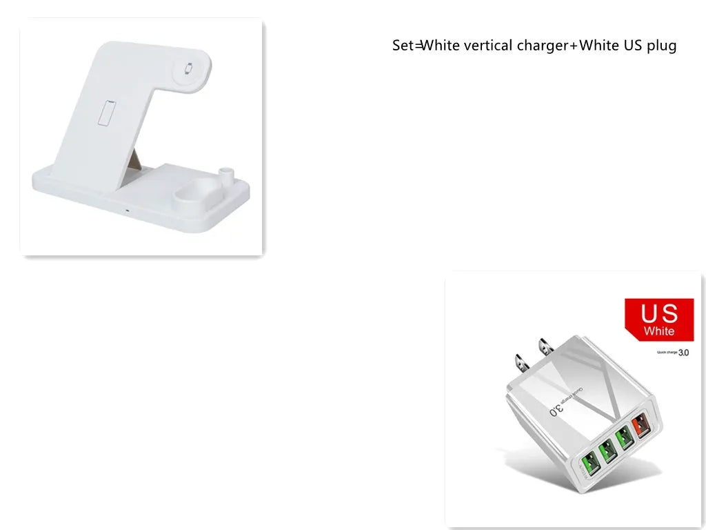 Black 4-in-1 wireless charging station with phone on adjustable magnetic stand, charging Apple Watch, AirPods, and Apple Pencil.