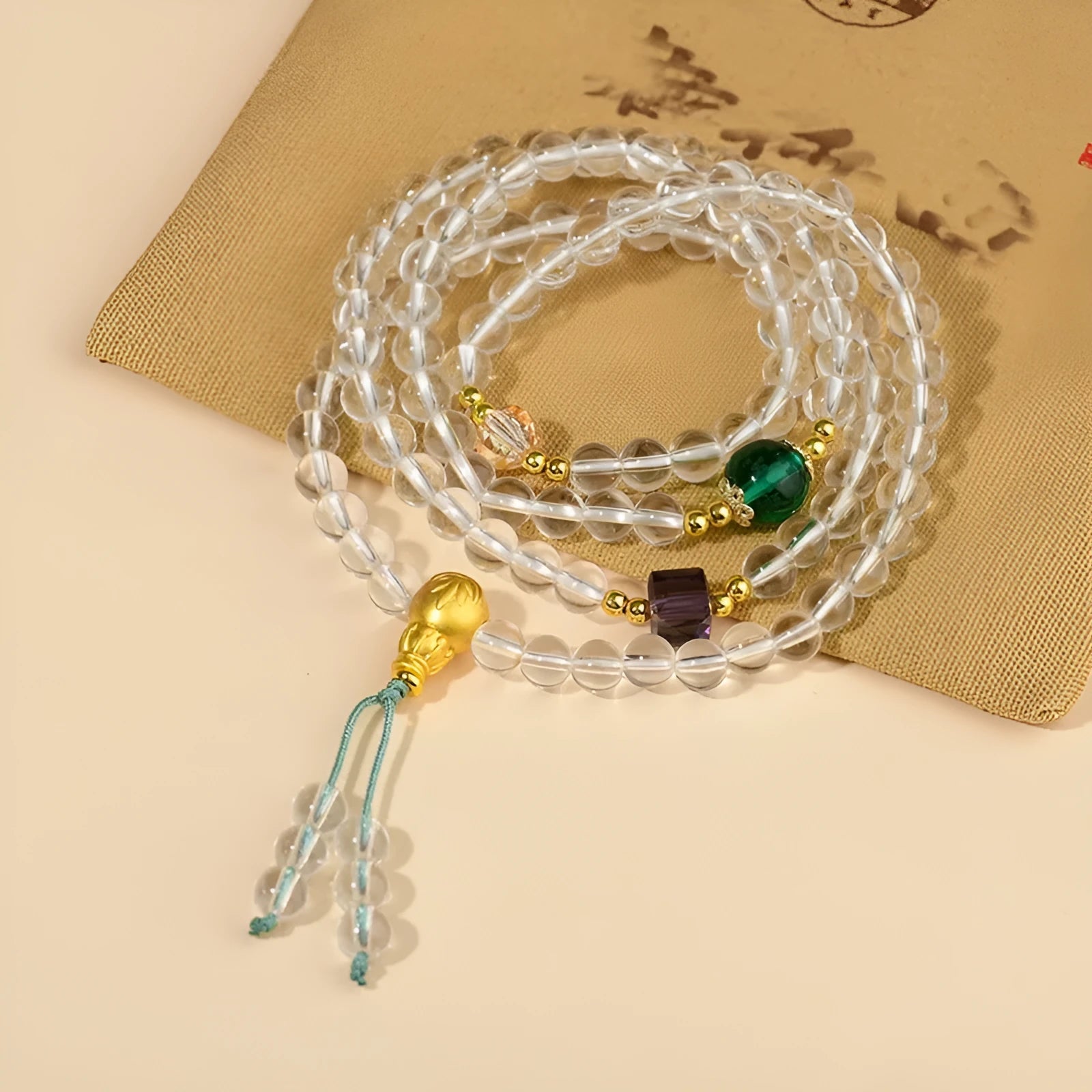 White crystal 108-bead rosary bracelet necklace with geometric ethnic style design