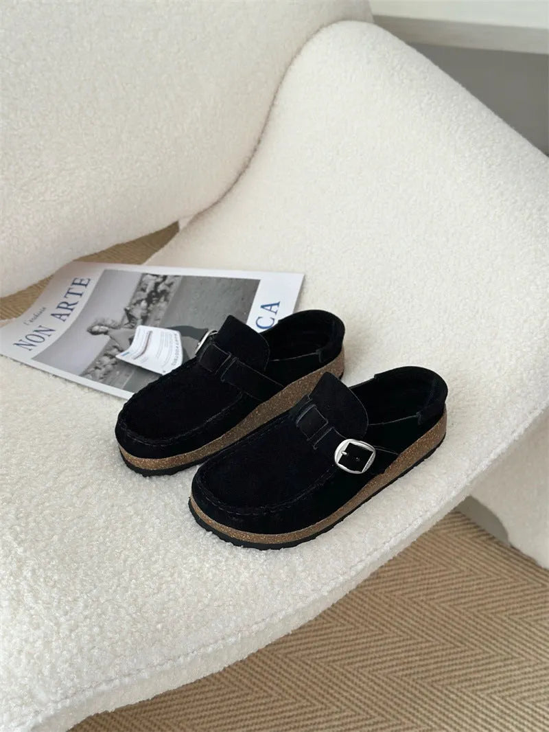 Men's and women's same style mule slippers in sand gray with cow suede upper and cork sole