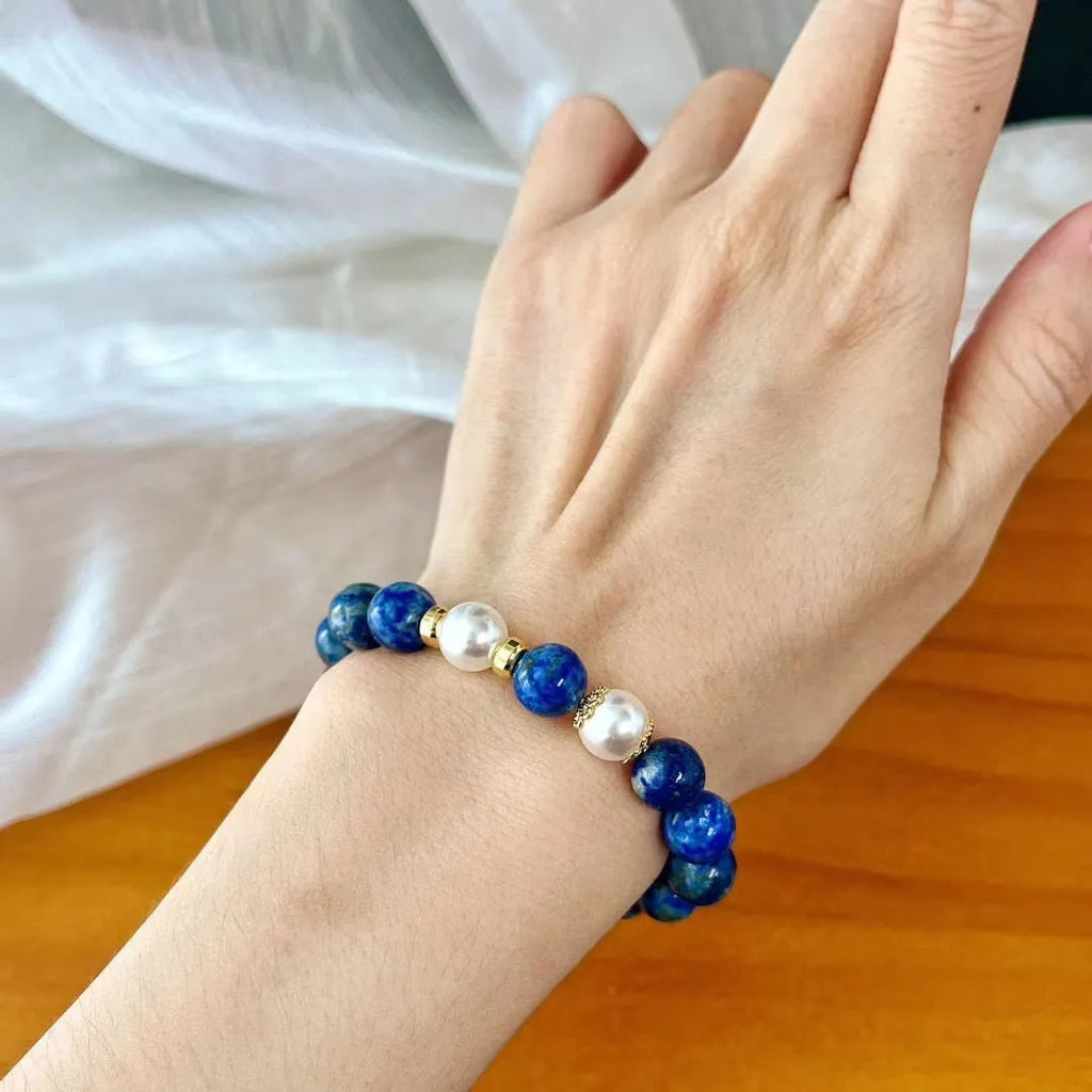 Lapis lazuli bracelet with green gold stone colouration and artistic retro Chinese-inspired design