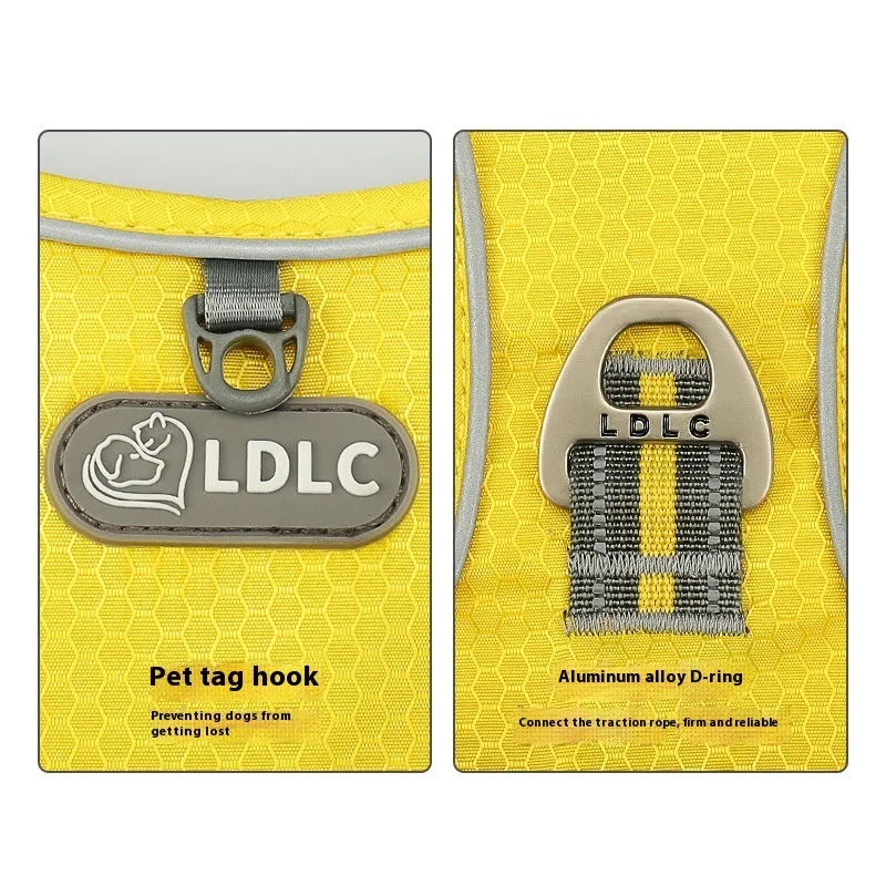 Nylon reflective pet harness with traction strap in yellow, multiple sizes available