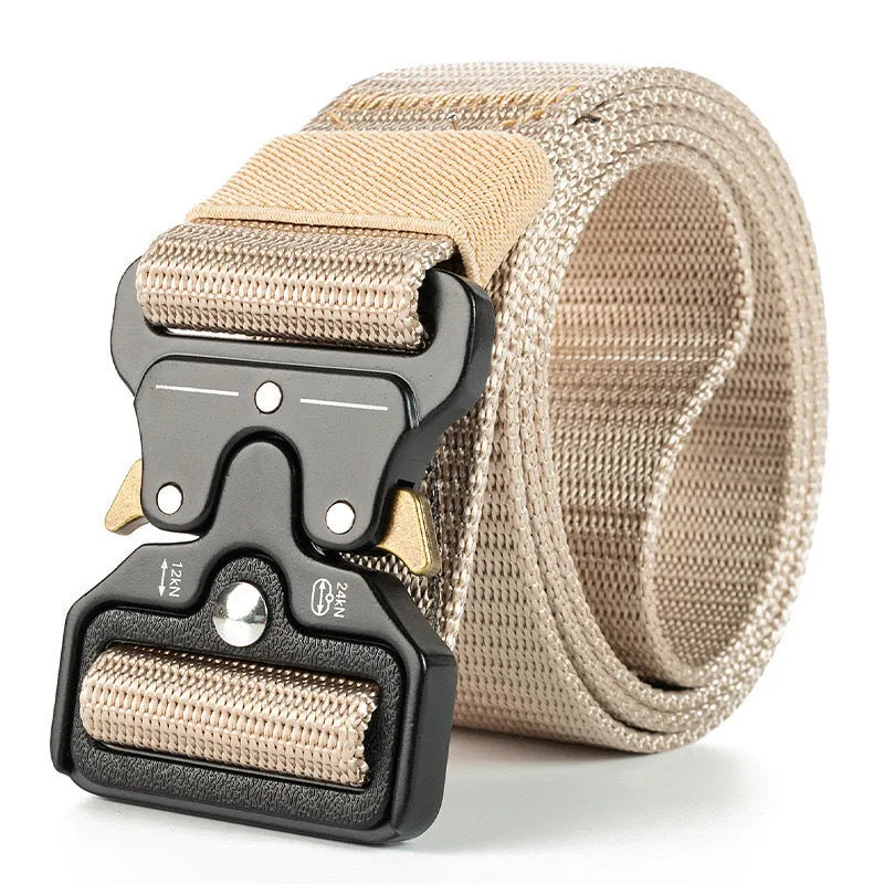 Men's tactical canvas belt with alloy release buckle showing black colour option