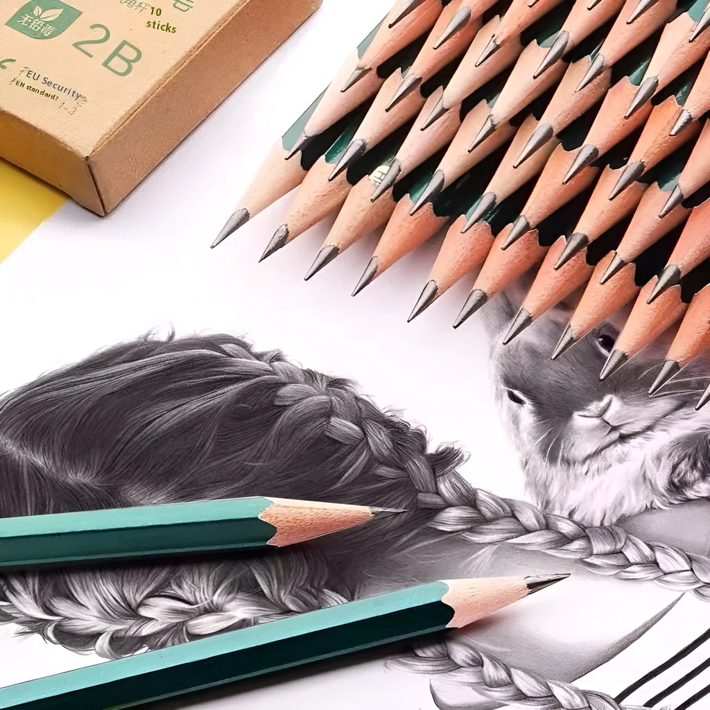 Box of ten green hexagonal wooden pencils with HB and 2B grades.
