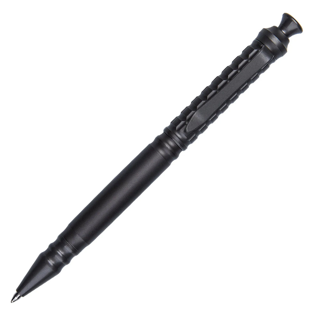 Gunmetal grey titanium alloy tactical pen with push-action button, shown in its gift box.