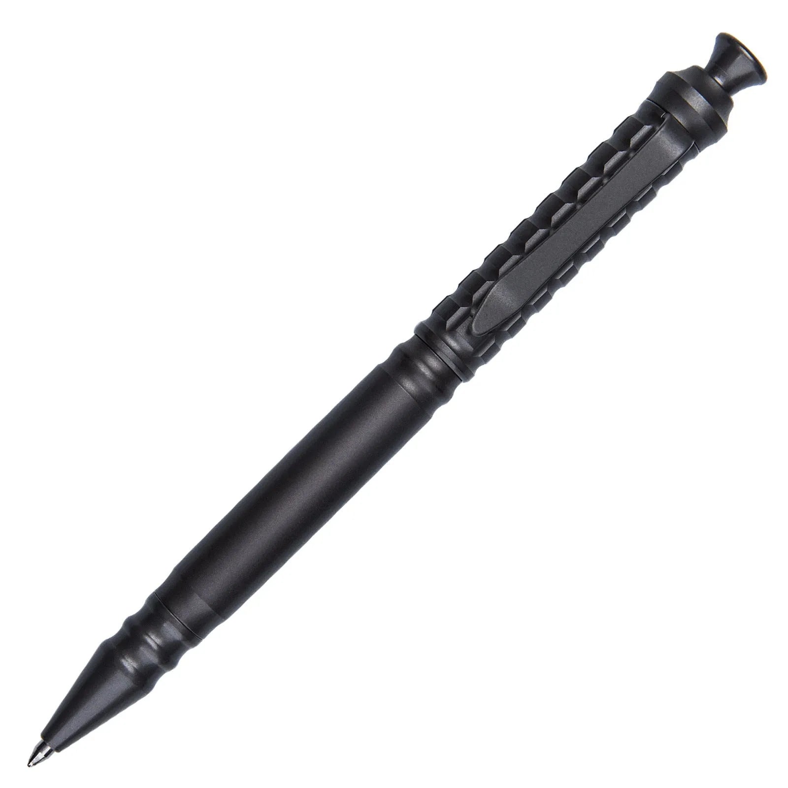 Gunmetal grey titanium alloy tactical pen with push-action button, shown in its gift box.