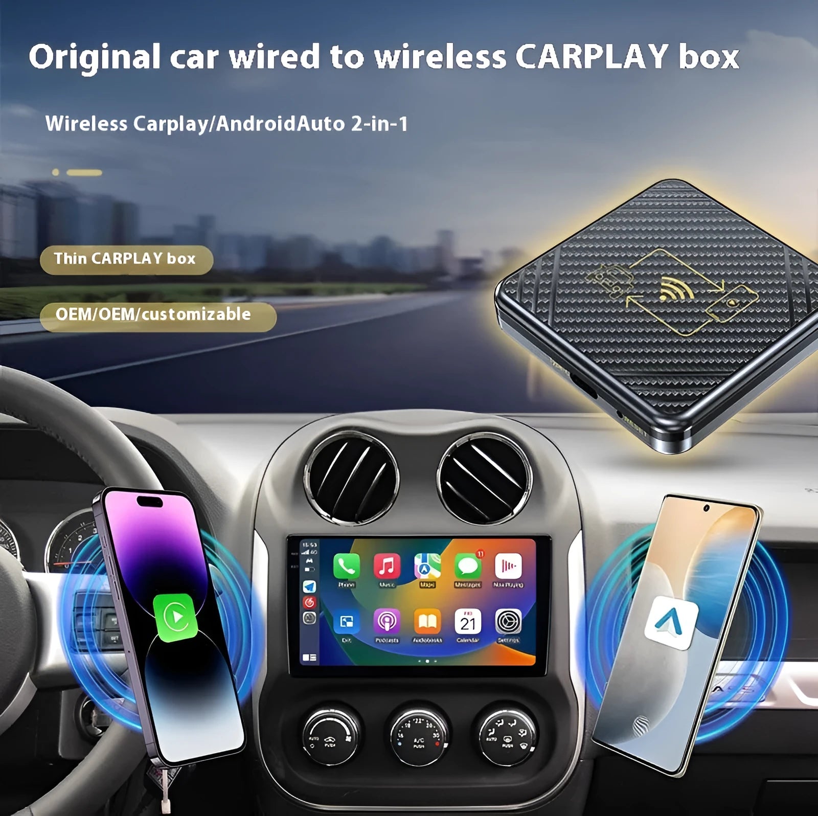 Gold and white wireless CarPlay and Android Auto USB adapter box for cars on a dark surface.