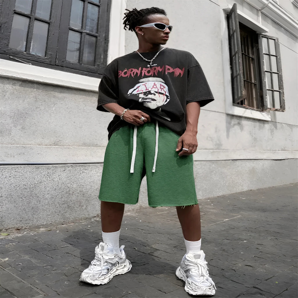 Men's straight leg hip-hop trousers in medium length, available in black, light grey, and green colours