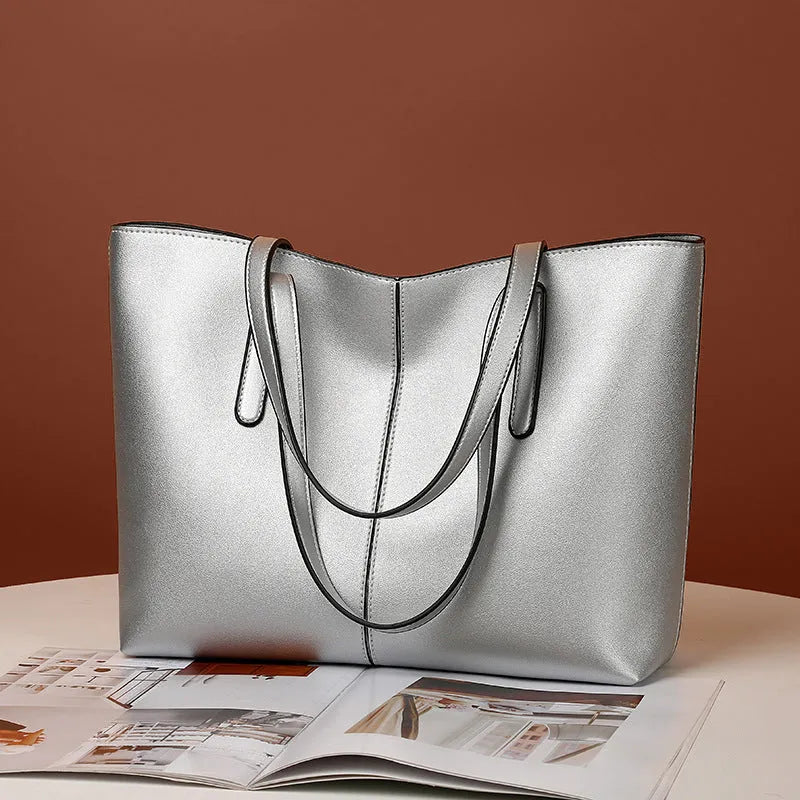 Simple Retro women's PU shoulder bag, horizontal square, double straps, 32x12x26cm, in silver, black, wine red, or green.