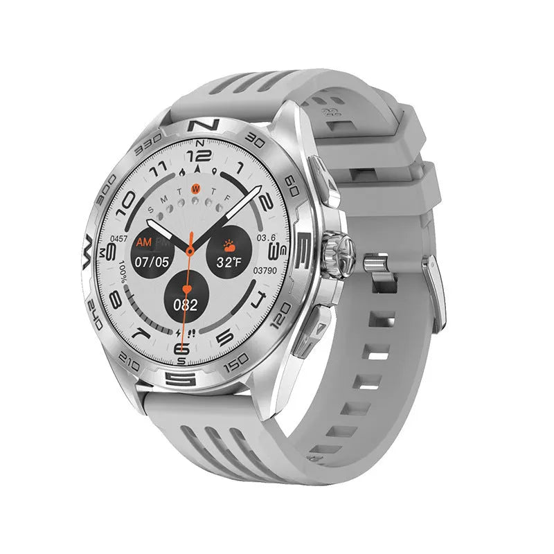 Black steel smart watch with IPS screen displaying health stats and WhatsApp notifications.