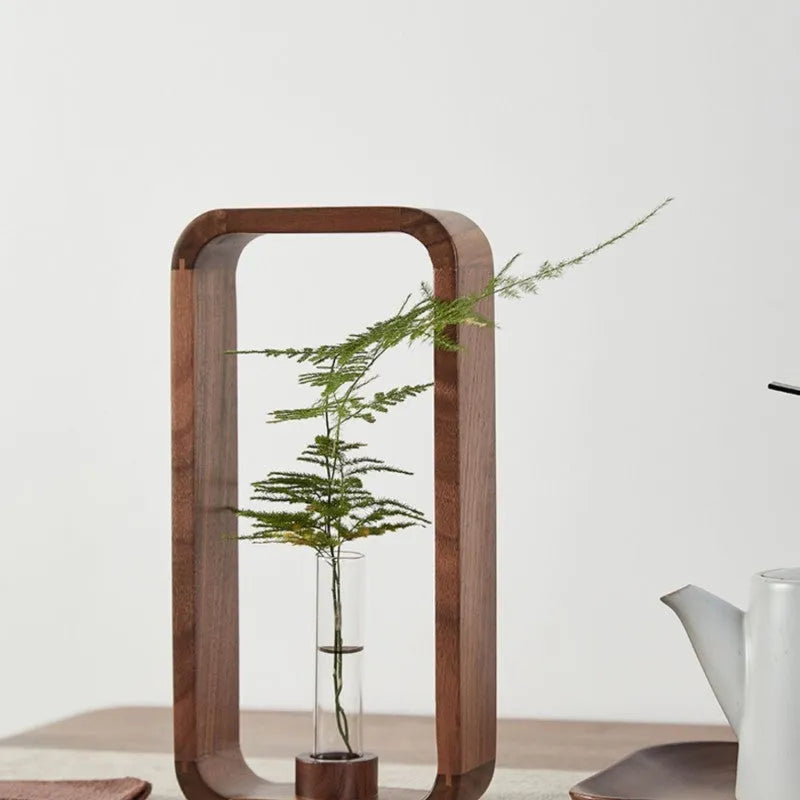Wooden Chinese style countertop vase decoration for tabletop flower arrangement with glass water flowers