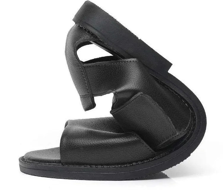 Men's black and brown leather Roman-style casual sandals with open toes and rubber soles