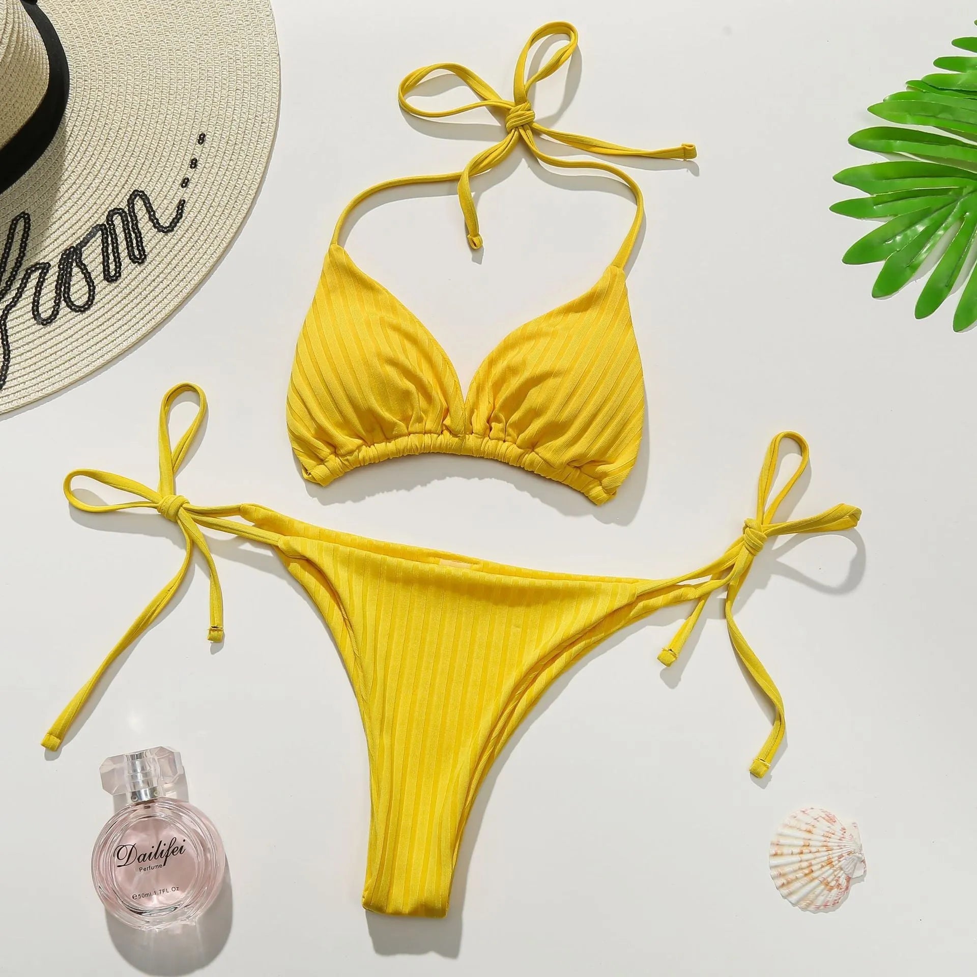 Yellow and dark green solid colour women's triangle banded bikini swimsuit
